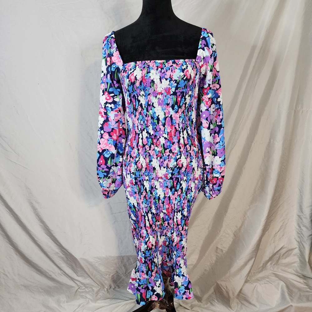PINK LILY x Natalie Kennedy Size Medium Smocked Bodycon Midi Dress Puff Sleeve